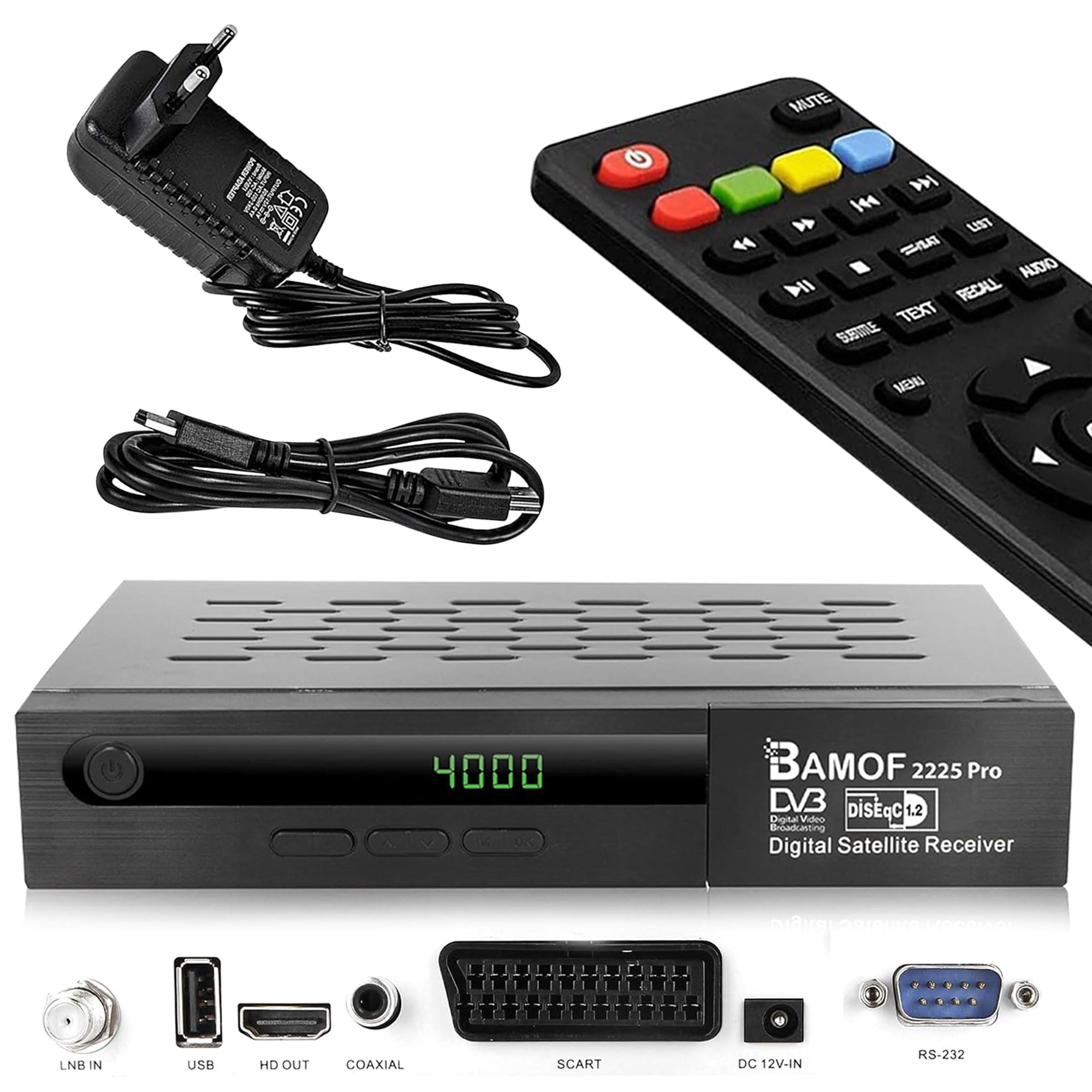 2225 PRO Satelliten Receiver Sat Receiver Digitaler DVBS2 Full HD Receiver (HDMI, SCART, 2X USB) [Vorprogrammiert für Astra, Hotbird und Türksat] + HDMI Kabel, Black