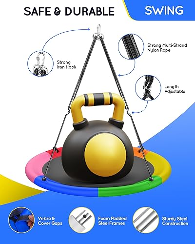 Miniatura 3 de Columpio de árbol de platillo de 43 pulgadas para niños y adultos, capacidad de peso de 700 libras, columpio impermeable con correas ajustables para