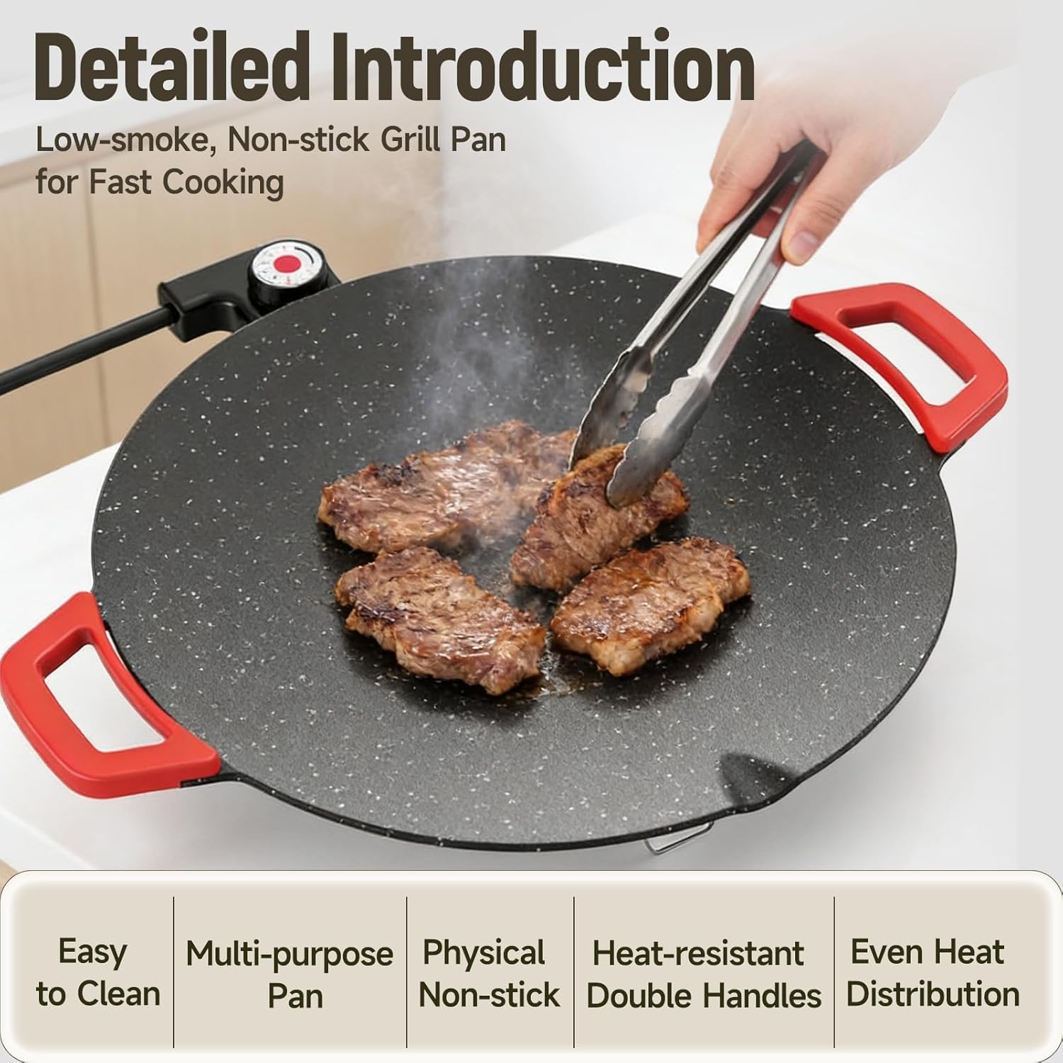 Generic 1500W Portable Electric Korean BBQ Grill, Smokeless 16 Inch Non-Stick Electric Comal, Versatile Comal Electrico for Indoor Cooking, with Oil Brush & Stainless Steel Tongs (40cm)