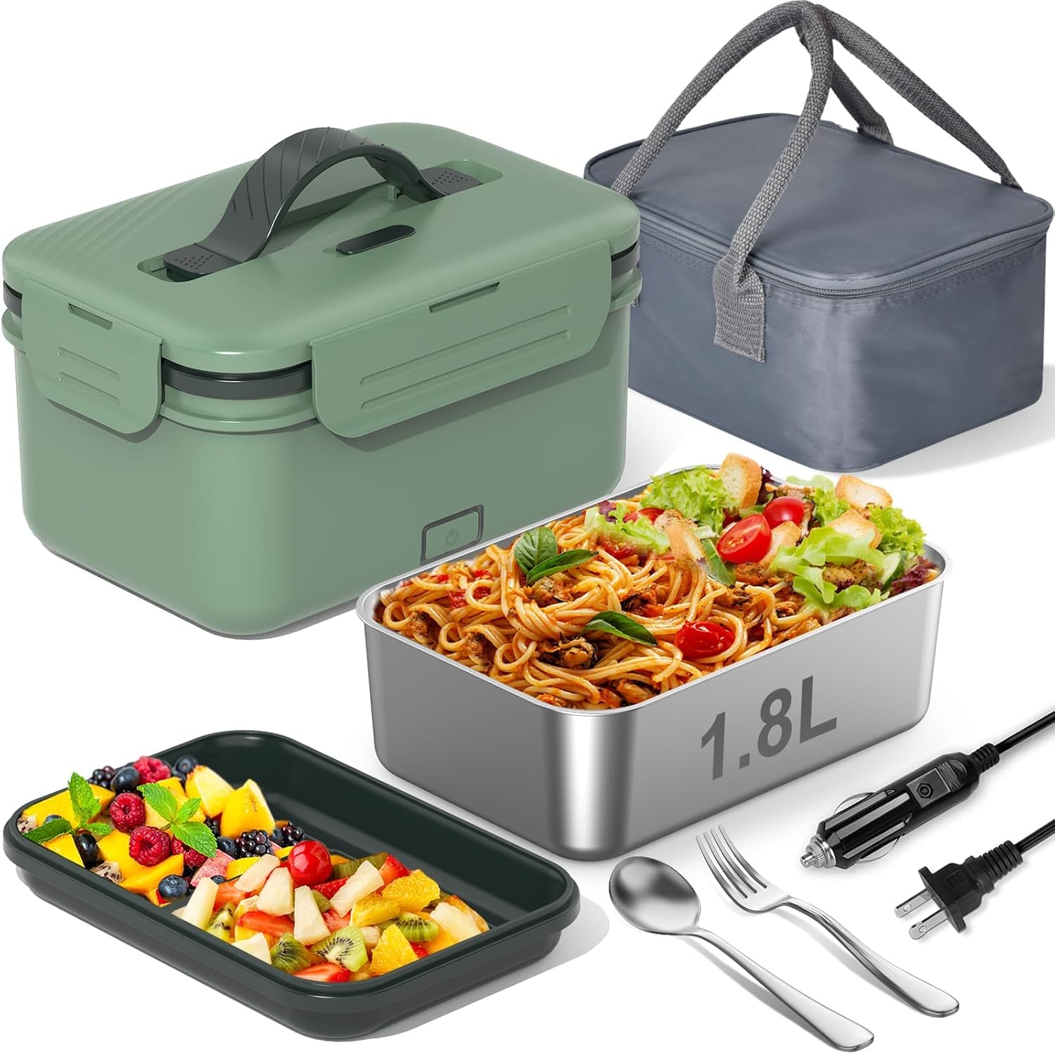 Electric Heated Lunch Box for Car Truck Home 1.8L 100W Portable Food Warmer with 12V/24V/110V/220V Hot Meal for Work Travel Jobsite Camping Christmas Gifts White Elephant Gifts for Adults/Men/Woman