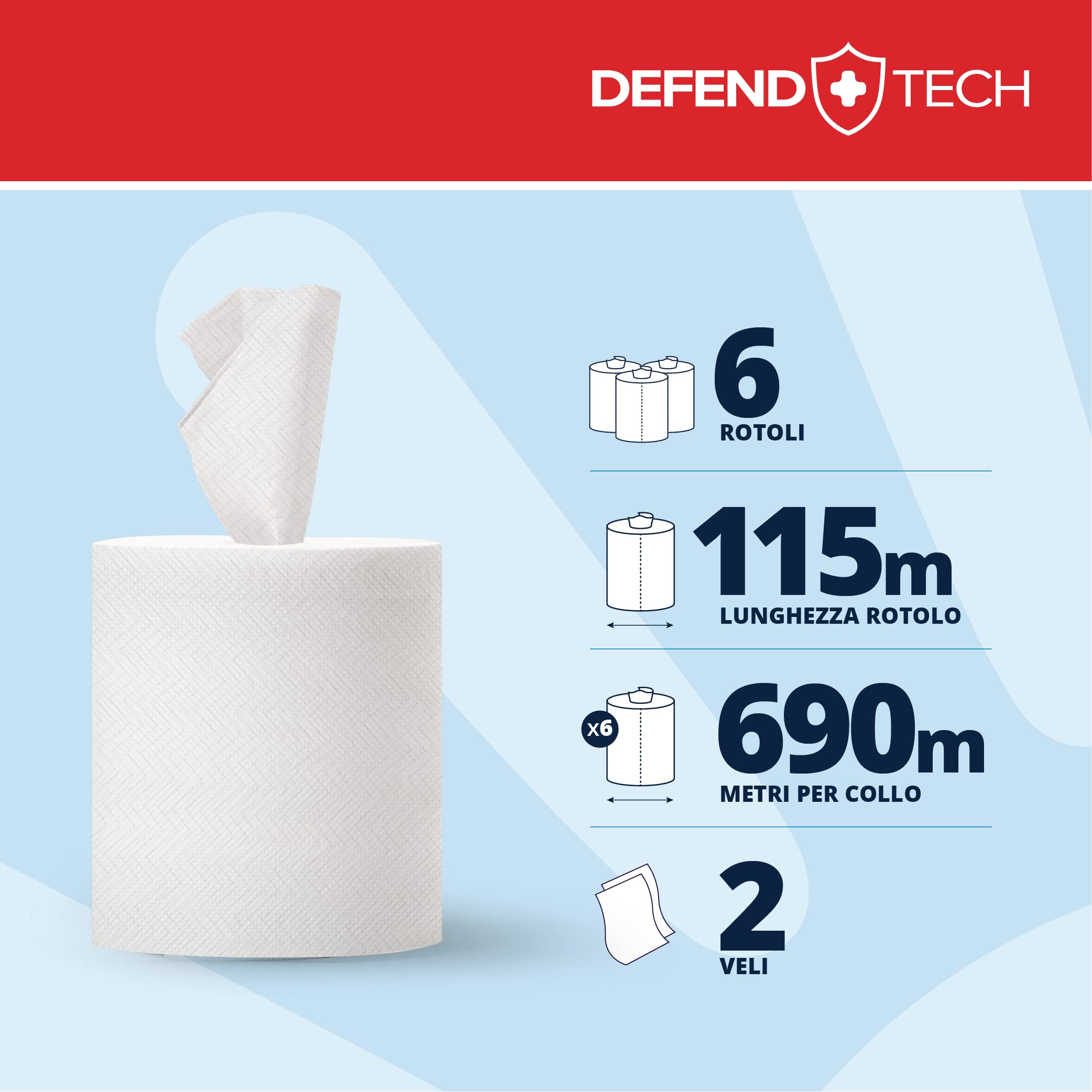 Papernet Defend Tech - Asciugamano in Rotolo Centrefeed 417815, 6 Rotoli di Carta in Pura Cellulosa da 115m, con Formula Antibatterica, 2 Veli, 330 Strappi per Rotolo da 19,7x35cm