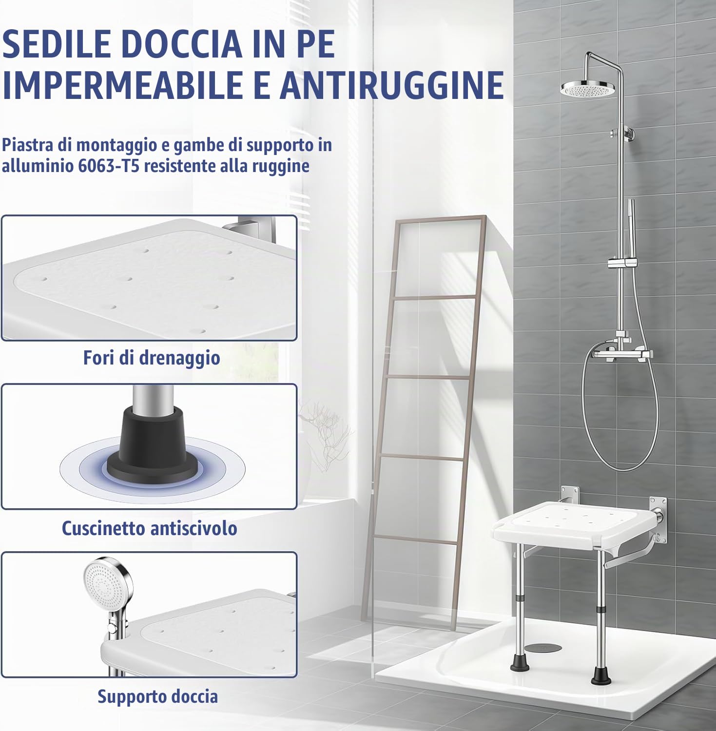 Sgabello Doccia Pieghevole, Sedia per Doccia Anziani, Sedile da Doccia a Parete con Piedini Antiscivolo, Regolabile in Altezza, capacità di Carico 180kg, per Anziani, Donne Incinte, Disabili