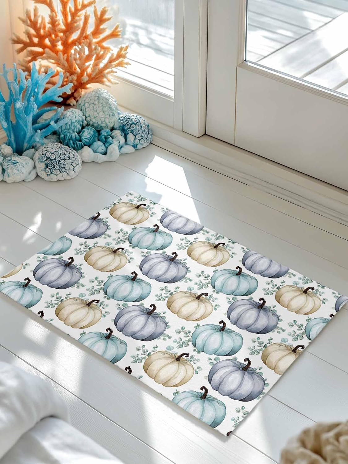 Front Door Mat, Absorbent Door Entry Mats, Doormats Indoor/Outdoor Entrance Small Rugs, Fall Thanksgiving Watercolor Pumpkin Eucalyptus Leaves Texture Doormat - Floor Mats for Home 24x36 Inch