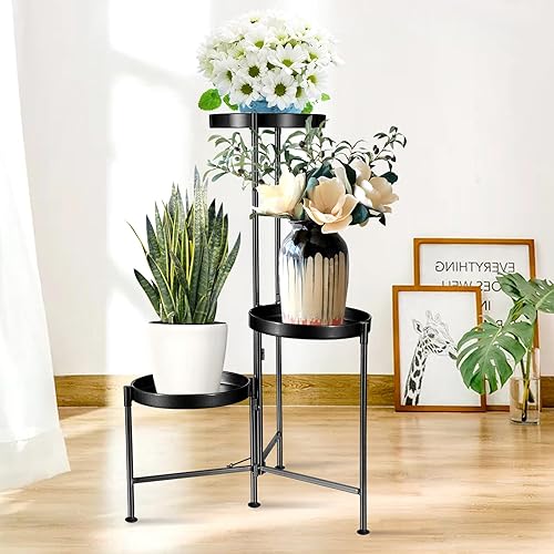 Soporte de metal de 3 niveles dorado para interiores y exteriores, soporte de 27 pulgadas de alto, 3 soportes para plantas, resistente al óxido,