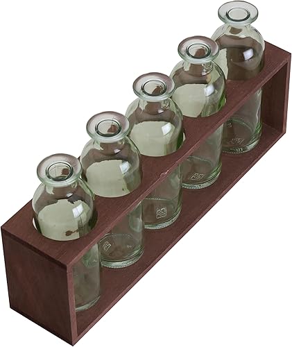 Miniatura 2 de Elements Botellas de vidrio decorativas de 13.58 x 2.95 x 6.3 pulgadas en organizador de madera, incluye 5 botellas de vidrio verde en bandeja con