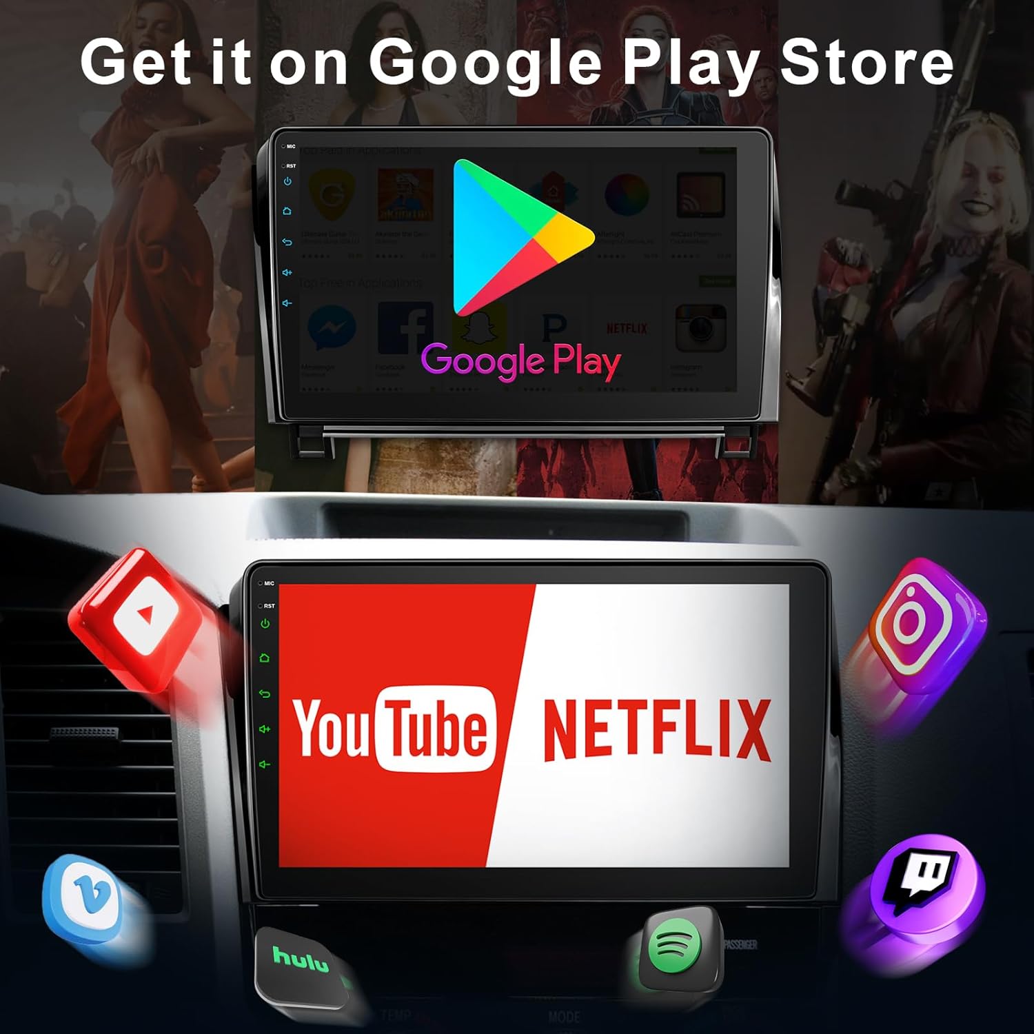 The car radio display showing the Google Play Store interface with various app icons like Facebook, Netflix, and YouTube, indicating access to the Google Play Store for app downloads.
