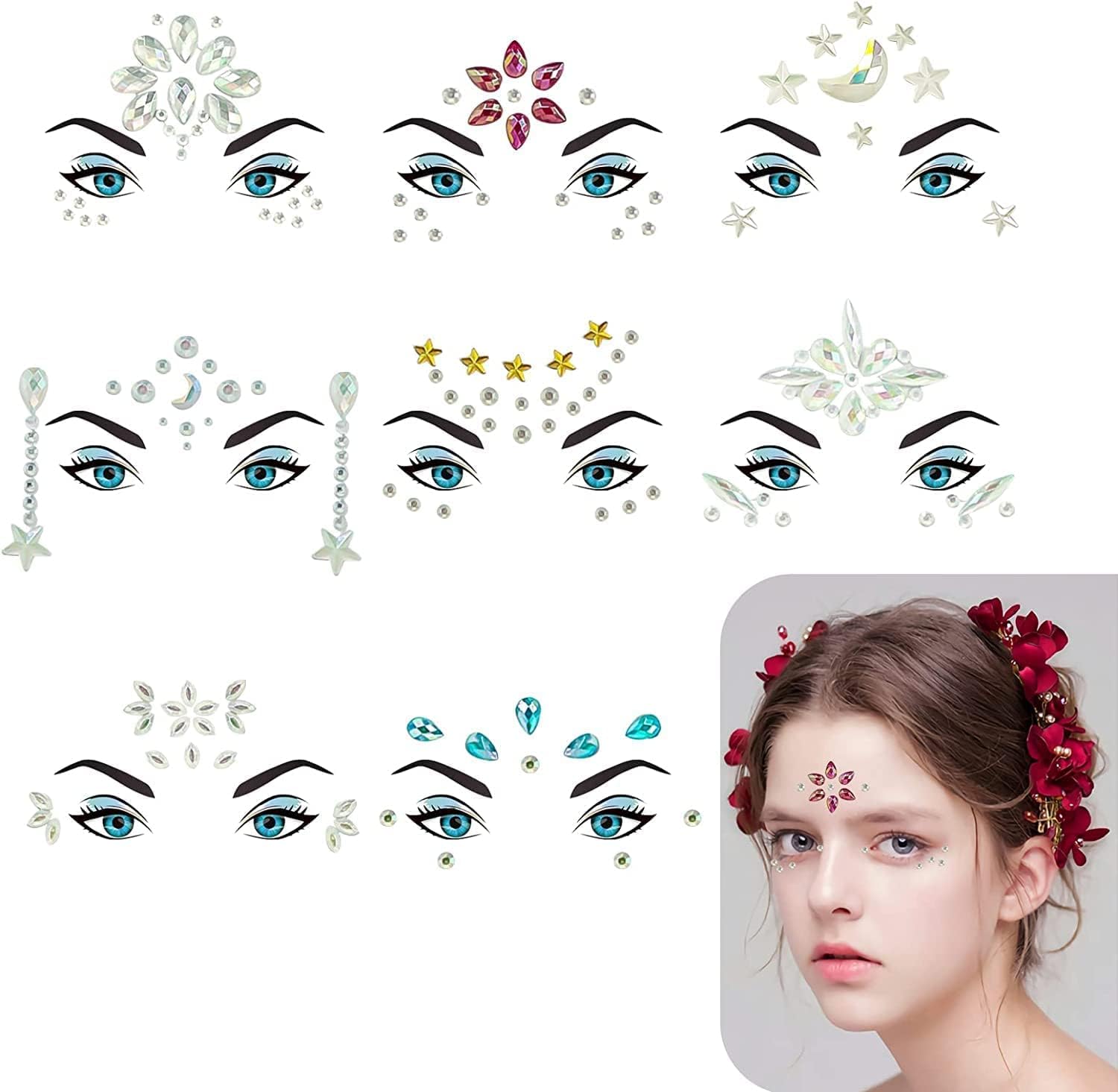 OneNine Luminous Face Jewels - Noctilucent Rhinestone Gems Temporary Tattoo Stickers Glow in the Dark, Crystal Glitter Body Stickers Eye Jewelry for Party Festival Holiday Makeup