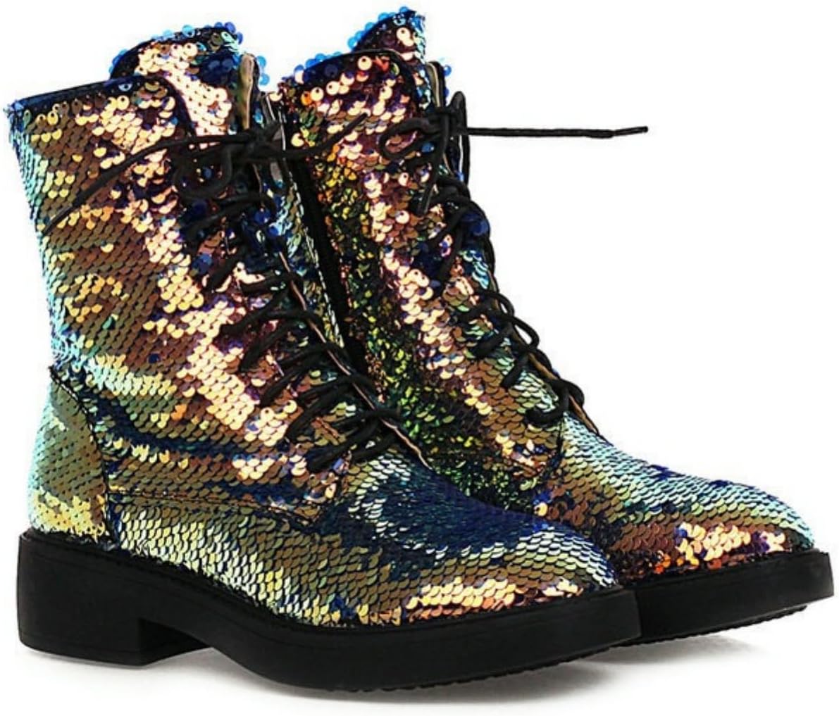 Amtopiyo Women's Glitter Sequins Ankle Boots Side Zipper Lace-Up Biker Boots