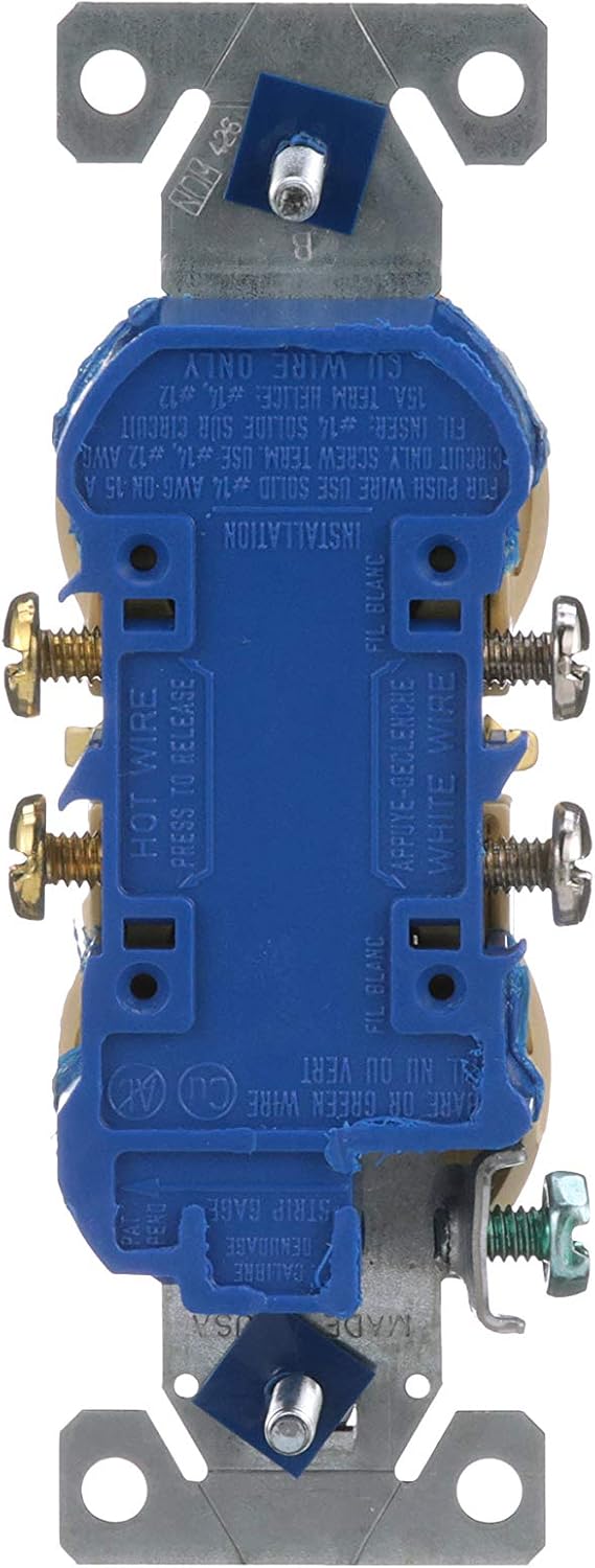 Zadní view of the Eaton 270V-SP-L Duplex Receptacle showing wiring terminals.