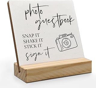 Wedding Guest Book Desk Decor 4x4 Inch, Photo Guest Book Sign Wood Plaque, WeddingGuestBook Sign, Wedding GuestBook Sign Wooden Plaque with Wood Stand for WeddingReception Table Decor