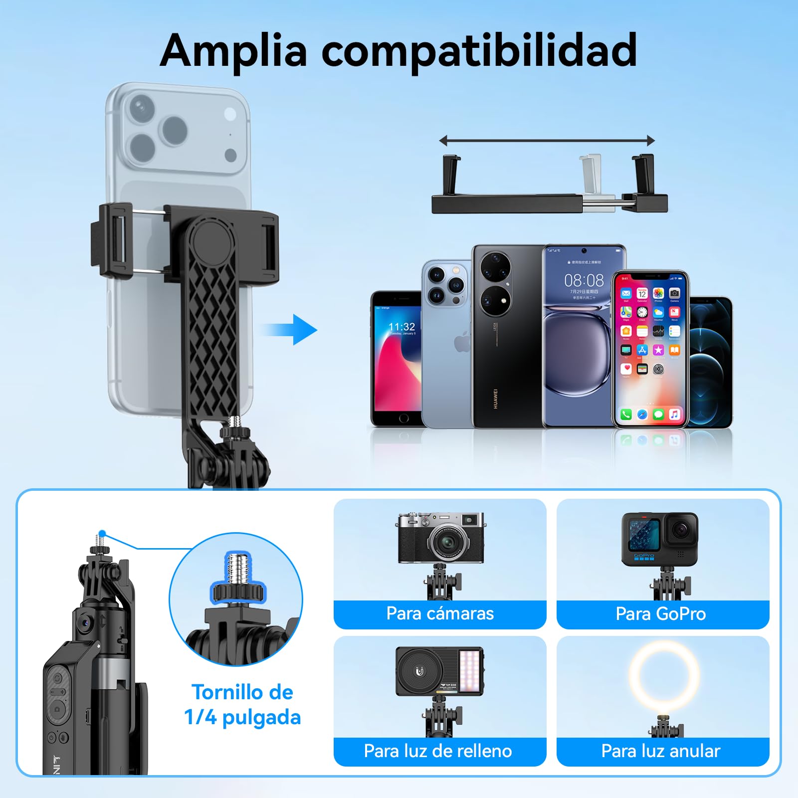 Trípode de Seguimiento Automático Facial para Smartphone 180 cm | Palo Selfie 360° sin App, trípode con control gestos y zoom, para iPhone, cámaras deportivas y vlogs
