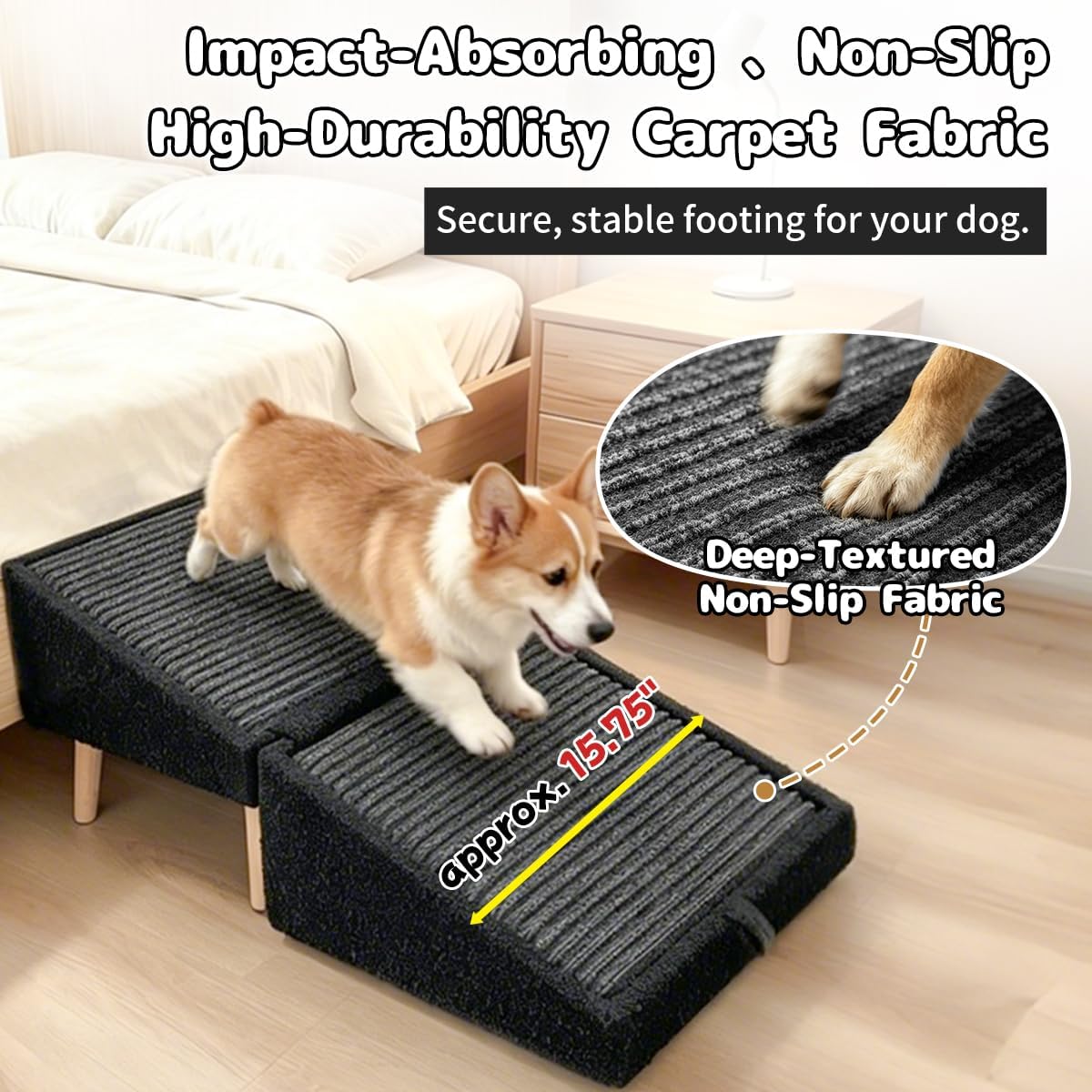 Lumizone Dog Ramp 13" H Beige 2-in-1 Steps for Small Dogs Pet Stairs | Foldable Ottoman for Couch & Bed Non-Slip Wooden Ramp with Gentle Slope to Protect Joints Ideal for Puppies & Senior Dogs
