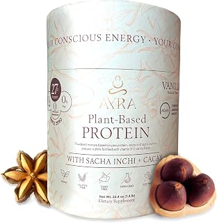 AYRA Plant-Based Natural Vanilla Flavor Protein with Sacha Inchi + Cacay | 27g Protein| 0g Sugar| 0g sweeteners| 0% Fat| Gluten Free| Dairy Free| Non-GMO| Soy Free| Vitamin B12| 1.4 LBS ((22.4oz))