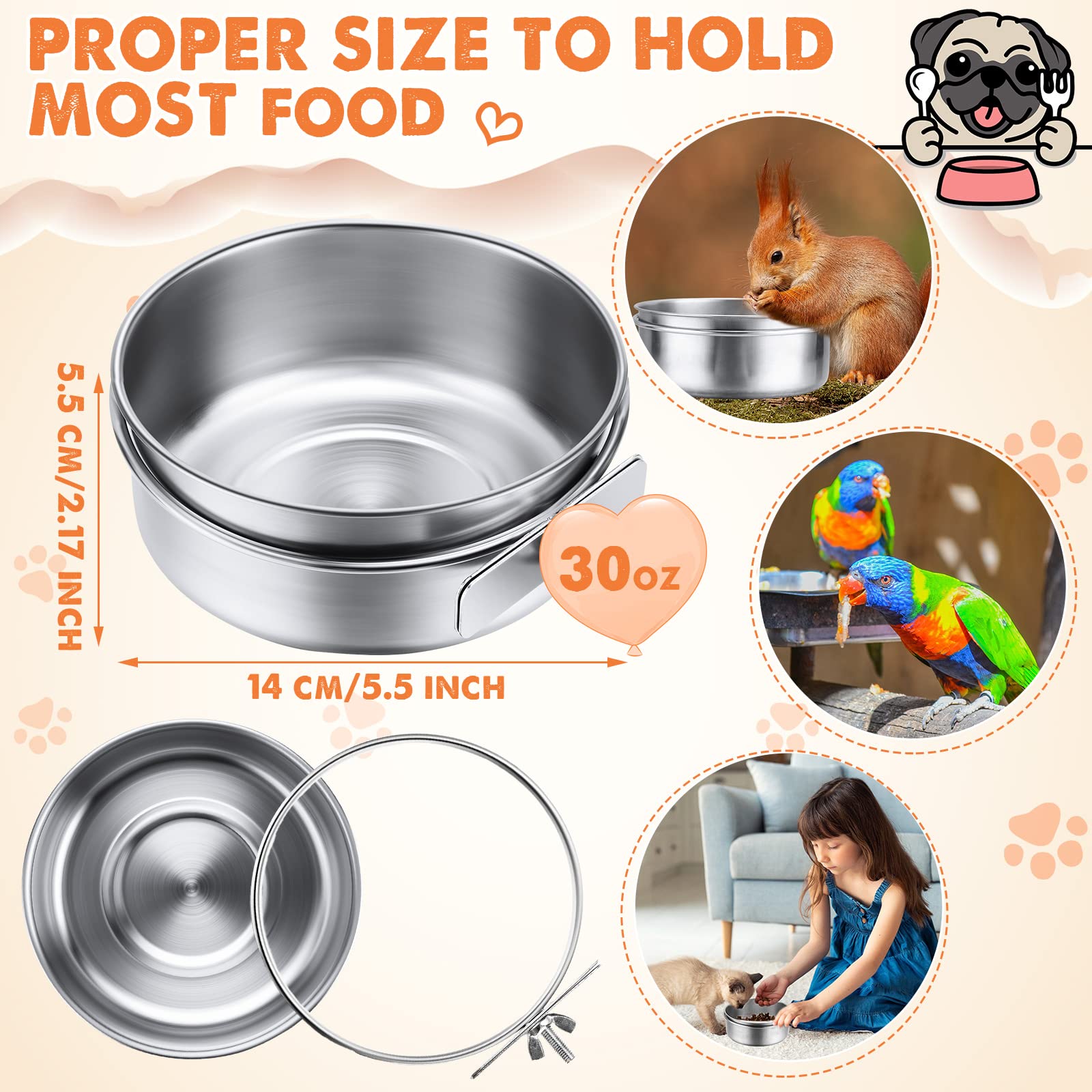 Aoriher 4 Pack Large Bird Feeding Dish Cups 30 oz Stainless Steel Parrot Feeders Food Water Cage Bowls with Clamp Holder for Cockatiel Conure Budgies Parakeet Macaw Small Dog Cat Animal - image 4