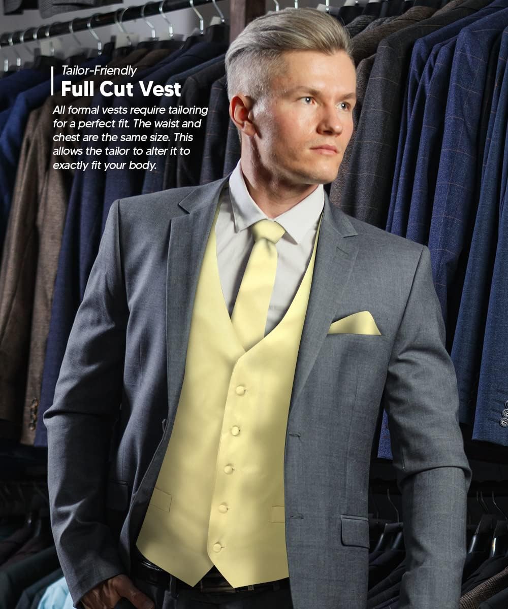 Solid Color Satin Suit Vest for Men Set of 4 - Vest, Tie, Bow Tie & Pocket Square (White Back)
