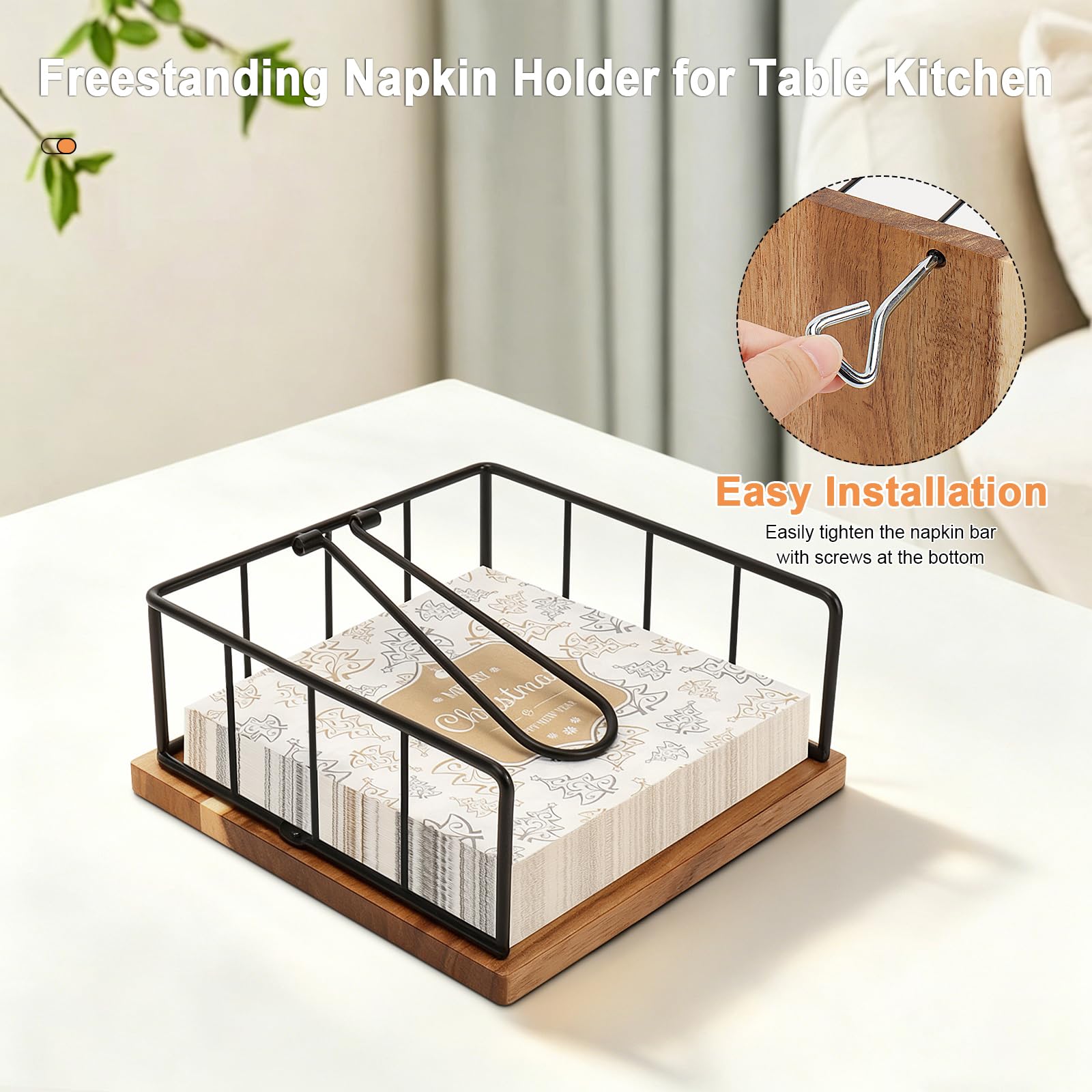 Livabber Servilletero plano, almacenamiento de servilletas de cocina de metal con brazo de tensión ponderado, dispensador de papel de seda rústico para encimera, mesa de cocina, comedor (con base de