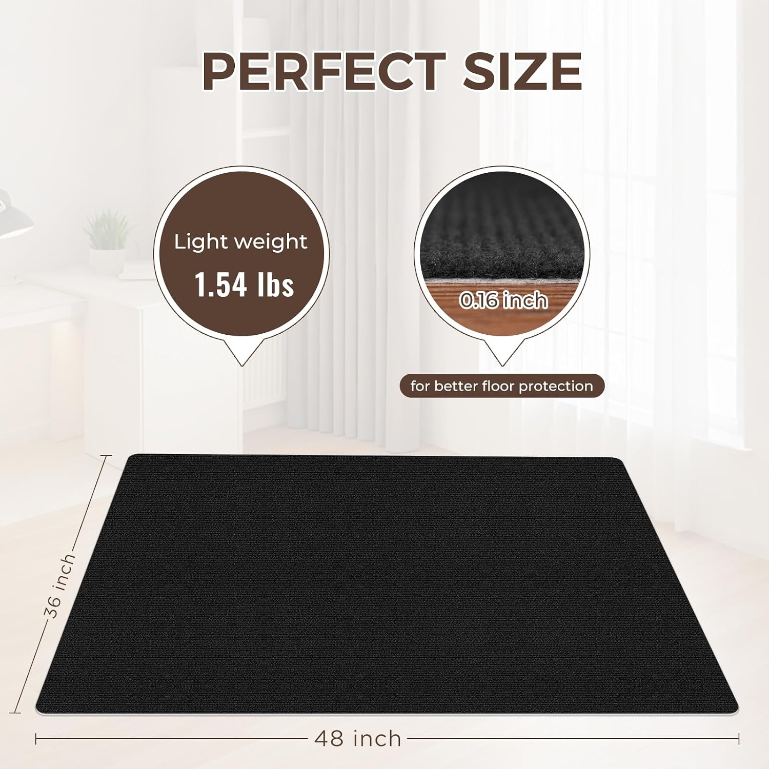 Office Chair Mat for Hardwood Floor 36x48 Inch, Non-Slip Rolling Chair Mat, Flat Lay Floor Protector for Wood Tile Laminate, Anti-Slip Sound Absorbing(Black)