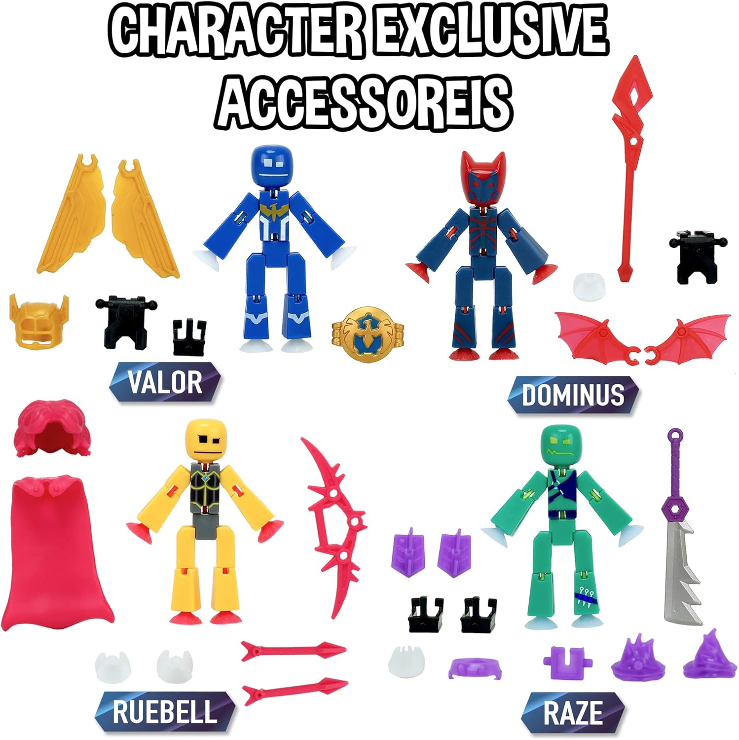 Zing StikBot Legendz Series 1 - Includes Valor, Ruebell, Dominus and Raze Oni - Collectible Action Figures and Accessories, Stop Motion Animation, Ages 4 and Up