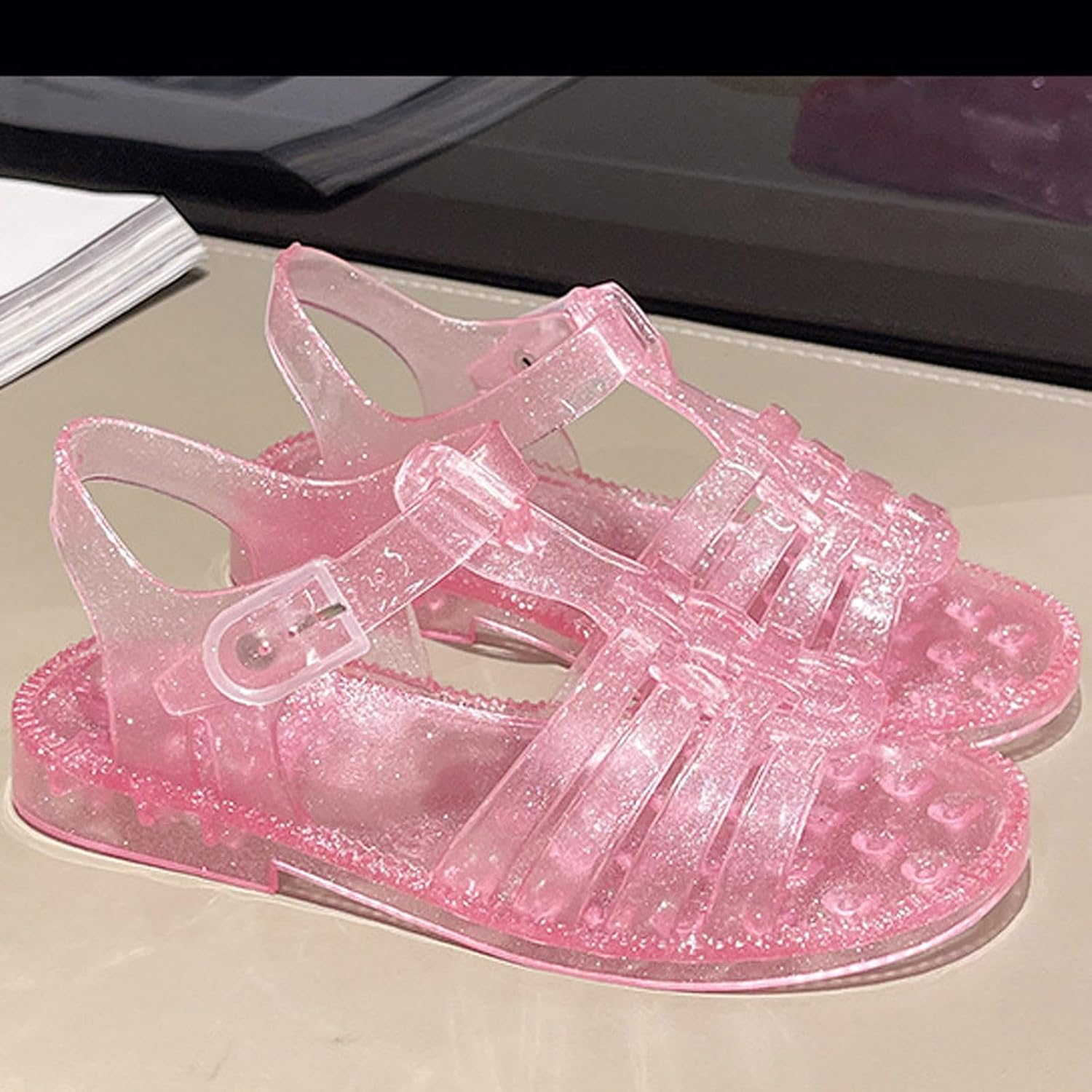 Girls Jelly Sandals 2026 Glitter Summer Shoes Comfy Hollow Out Woven Roman Flats Footwear for Little Kids Toddler