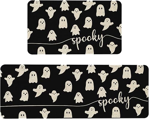 Mloabuc Happy Halloween - Juego de 2 tapetes de cocina, alfombra de cocina decorativa negra espeluznante con texto divertido, alfombra de piso