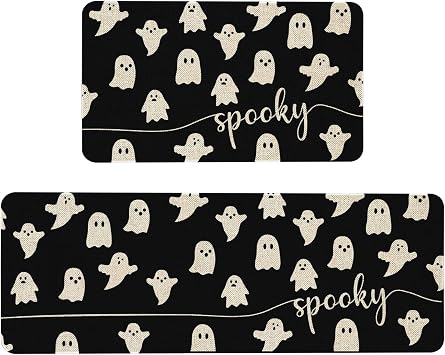 Mloabuc Happy Haloween Kitchen Mat Set of 2, Black Spooky Decorative Funny Text Kitchen Rug, Holiday Anti Fatigue Waterproof Stain Resistant Floor Rug Non Slip Cushioned Floor Mat 17x29 and 17x47 in