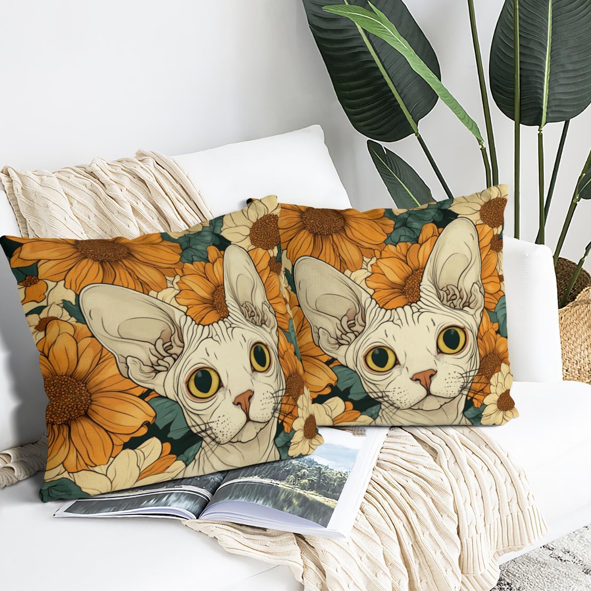 Spring Animal Floral Sphynx-Cat Pillow Covers 28x28 Inch Set of 2 Flowers Throw Pillow Case Spring Cushion Case for Home Sofa Living Room
