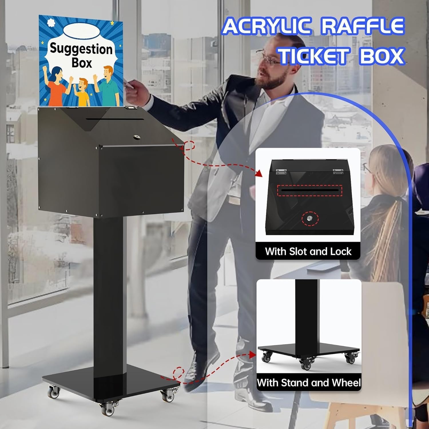 Large-Capacity Acrylic Suggestion Box with Lock & Sign Holder, Floor-Standing Ballot/Donation/Raffle Box on Stand with Wheels, 13.8 in Cube (39.6 in Tall), Black