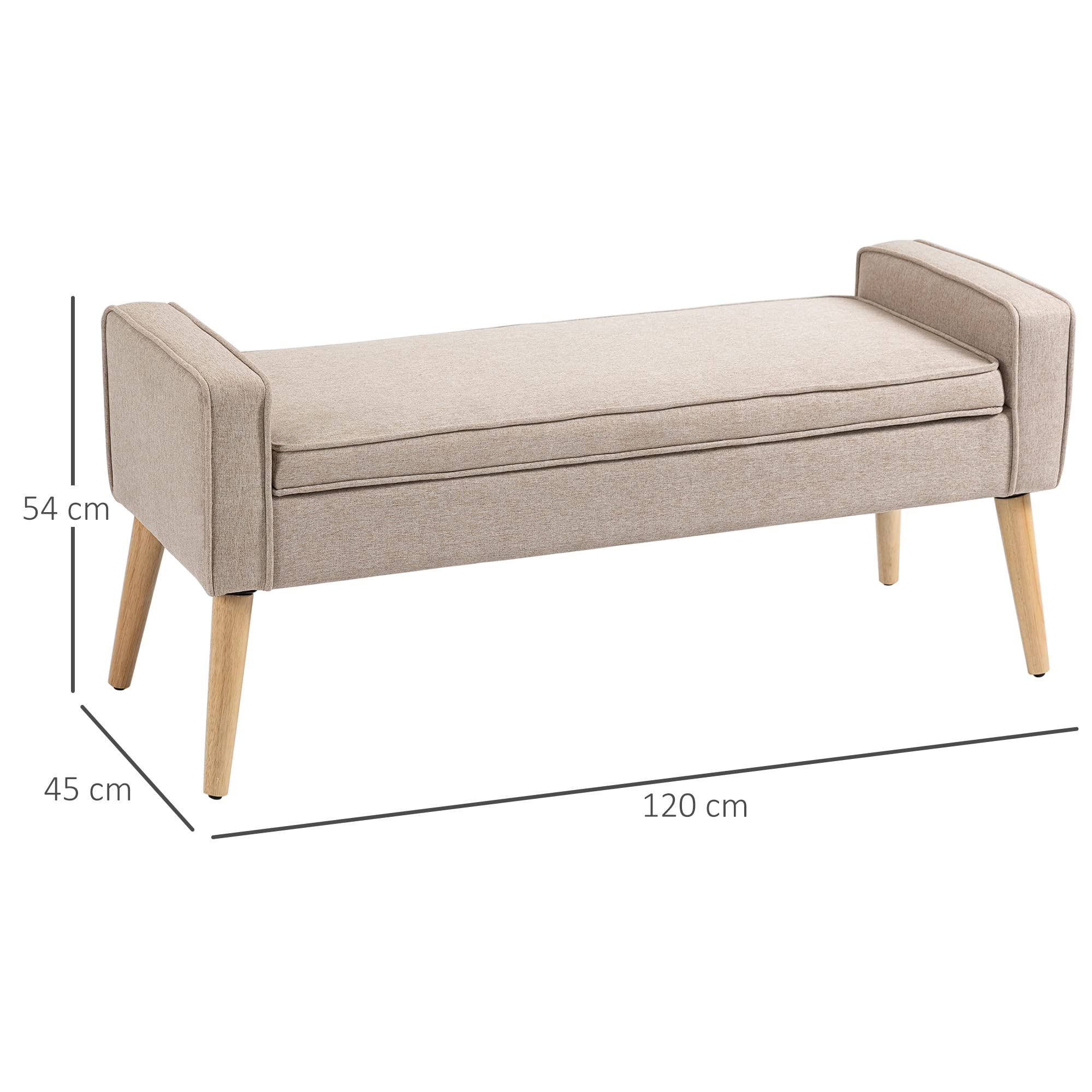 HOMCOM Puff Almacenaje Banco Almacenaje Tapizado en Lino Sintético con Tapa Abatible y Patas de Madera para Dormitorio Salón Entrada Carga 120 kg 120x45x54 cm Beige