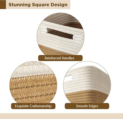 Miniatura 8 de AELS Cestas de algodón tejidas a mano para almacenamiento, cubos de almacenamiento con asas, organizadores plegables plegables y de almacenamiento,