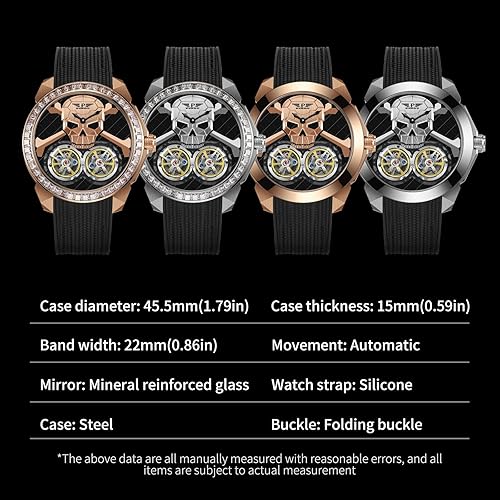 Miniatura 6 de Relojes automáticos para hombre, doble tourbillon volador con esfera de esqueleto y cabeza fantasma, correa de silicona, reloj de pulsera mecánico