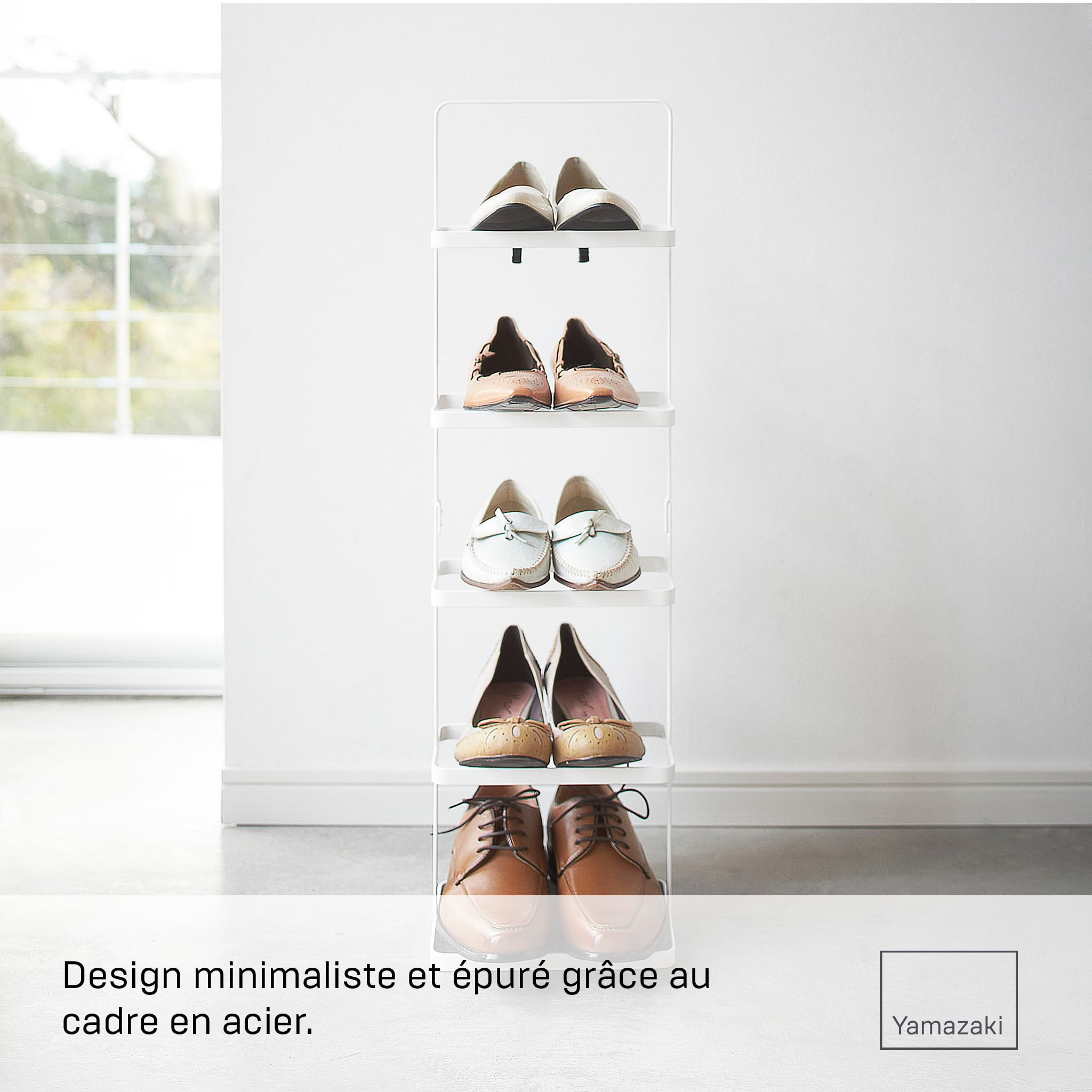 YAMAZAKI TOWER Étagère à chaussures haute, en acier -porte chaussures à 5 niveaux, pour 5 paires, étroite, rangement - 18 x 22 x 77,5 cm, design japonais, blanc