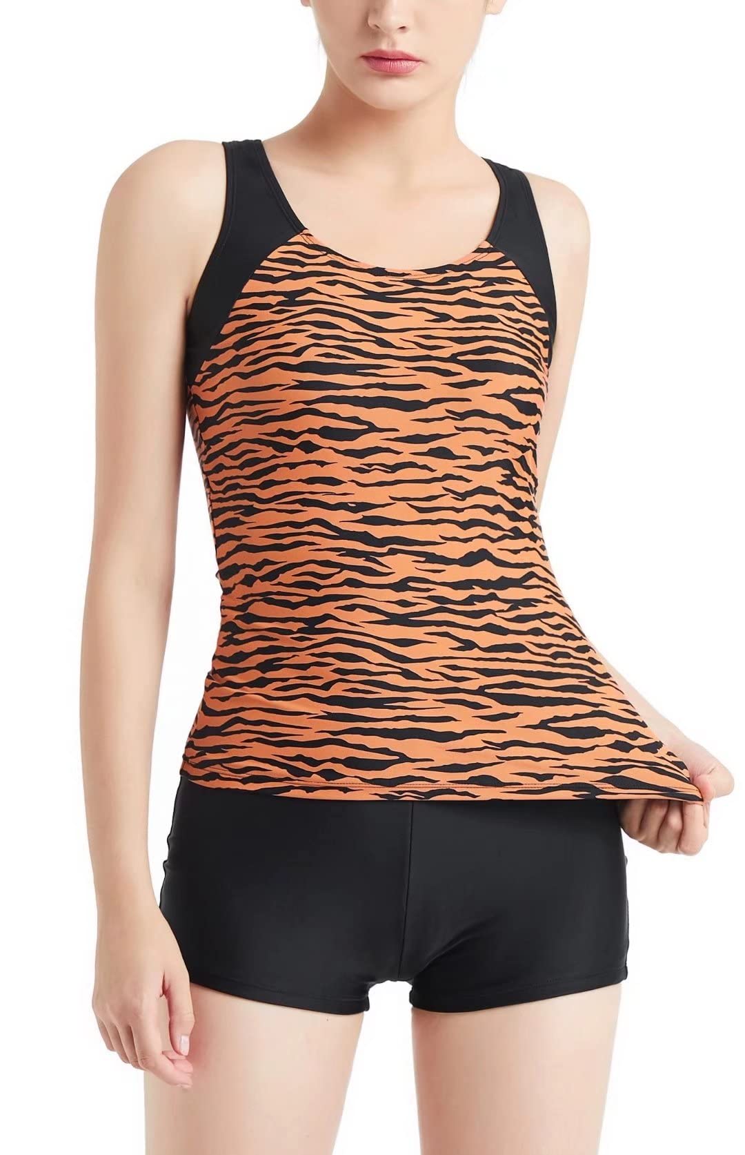 Luluwingx Women's Wave Orange Tankini Swimwear Two Pieces Racerback Bathing Suit Athletic Swimsuit With Boyshorts (Medium)