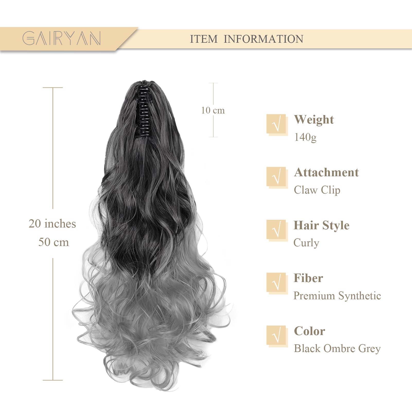 Gairyan 20inch Ponytail Extension Clip in Ponytail Hair Extensions Curly Wavy Pony Tails Claw on Ponytail Long Wave Synthetic Hairpieces for Women Soft Real Look (Black Ombre Grey) - Image 2