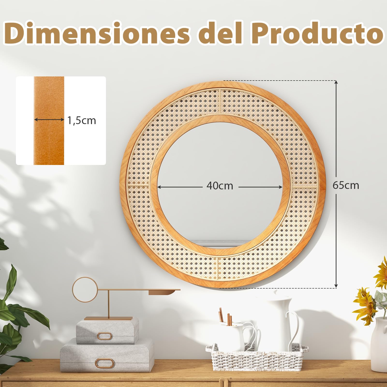 GOPLUS Espejo de Pared de Ratán, Espejo Redondo Bohemio de 65 cm con Marco de Madera, Vidrio de Aluminio, Espejo Decorativo Rústico para Sala, Dormitorio, Entrada, Baño, Instalación Fácil, Natural