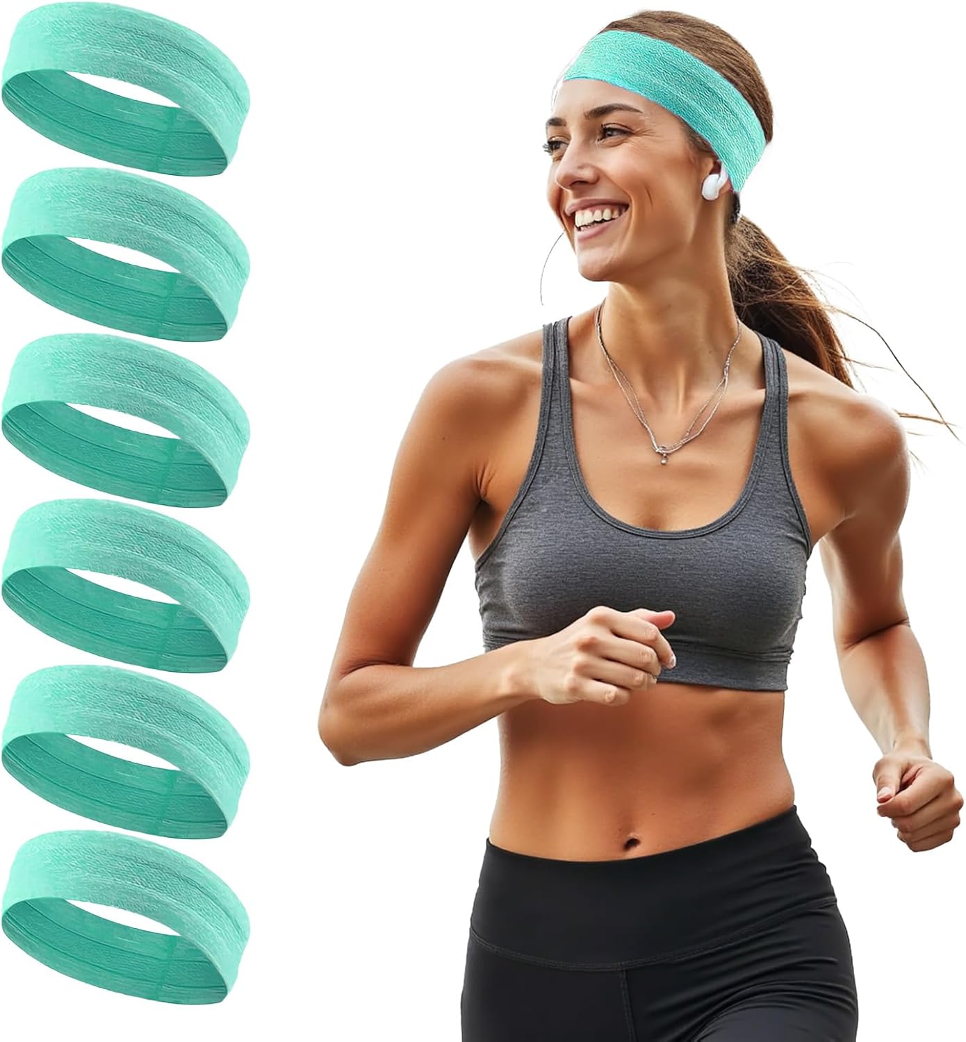 Athletic Sweat Bands Headbands for Women, 6 Pack Moisture Wicking Sweatbands Non-Slip Elastic Sports Hair Bands for Running, Workout, Yoga, Basketball, Tennis, Exercise (Green)
