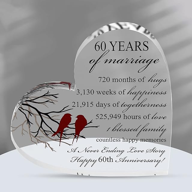 60th Wedding Anniversary Present for Him and Her - Diamond Anniversary Present for Couple - Unique Acrylic Heart-Shaped Keepsake for 60 Anniversary