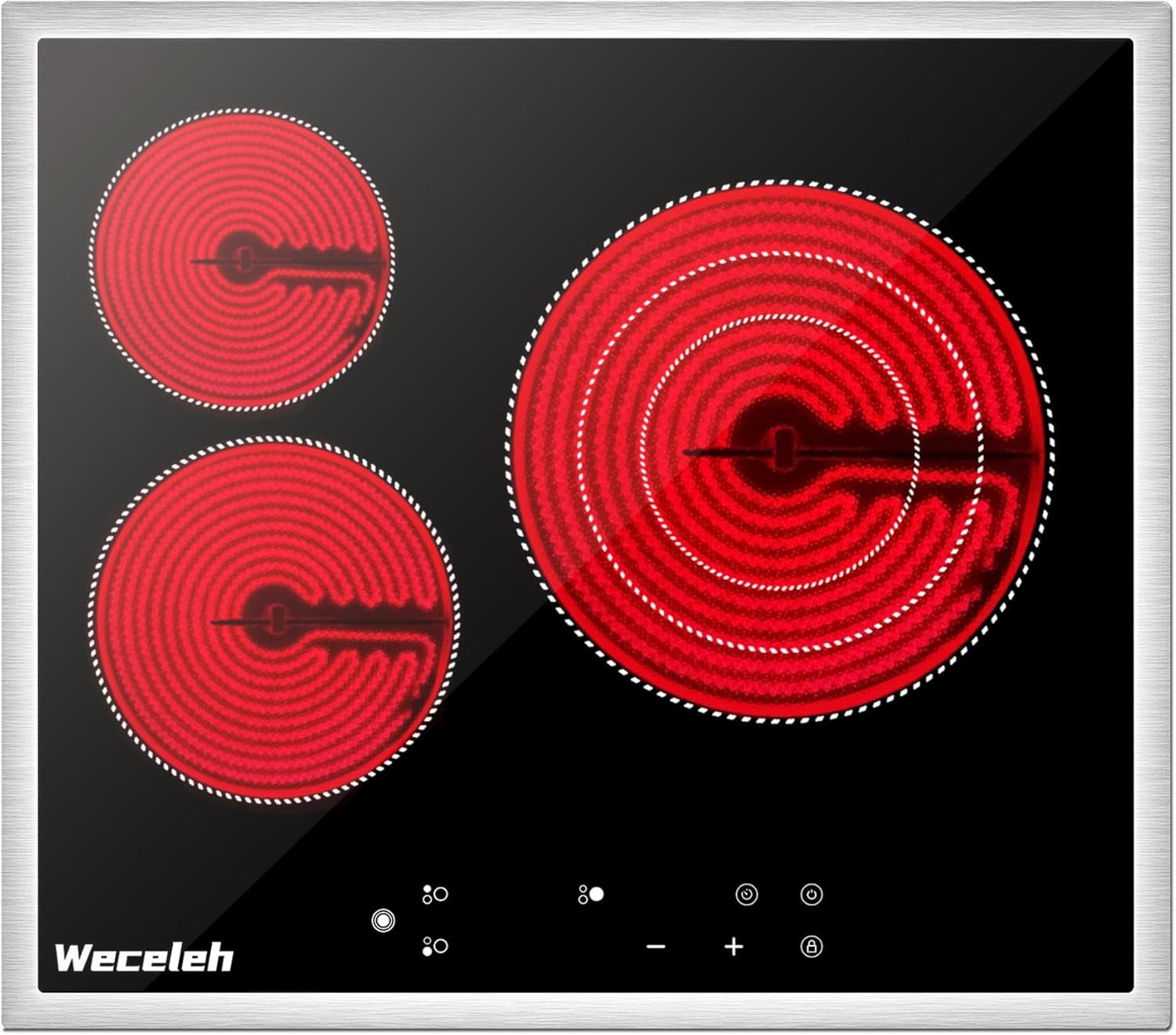 Electric Cooktop 24 inch, 3 Burners Built-in Electric Stove Top, Ceramic cooktop with Child Safety Lock, Timer, Stainless Steel Frame, 220V-240V Hard Wire(No Plug), Sensor Touch Control, 5700W