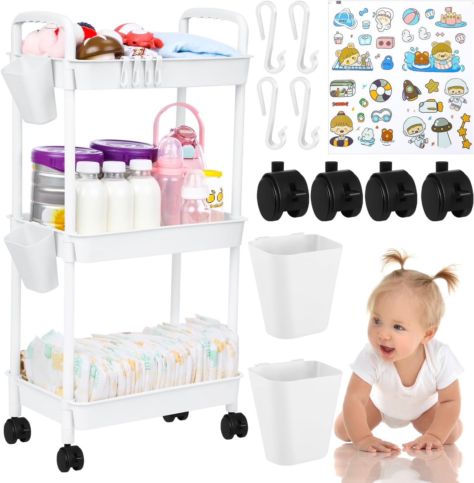 Ripeng 3 Tier Diaper Caddy Movable Baby Diaper Cart Storage Cart Newborn Essentials Caddy Organizer Mobile Shelving Unit for Baby Nursery Changing Table(White)