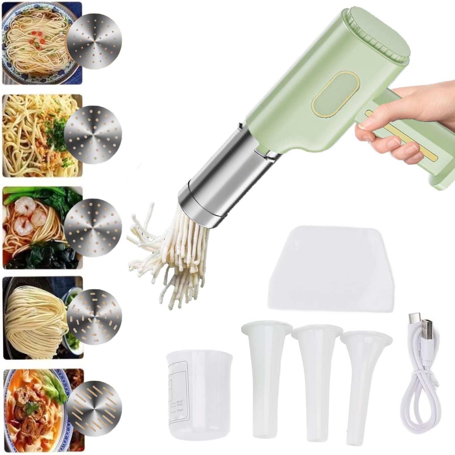 EBIZ HIVE Handheld Electric Pasta Maker, 5-in-1 Cordless Pasta Machine, Portable Noodle Maker with Molded Noodle Molds, Cutters and Sausage Stuffing Tube, Electric Pasta Maker for Home Use