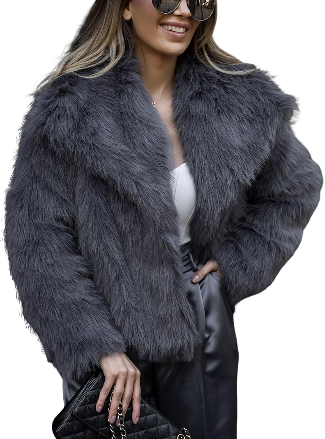 Yimoon Womens Faux Fur Coat Lapel Open Front Fluffy Shaggy Jacket Winter Warm Furry Overcoat