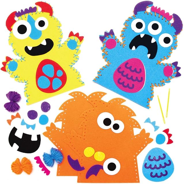 Baker Ross AX244 Monster Bunch Hand Puppet Kits - Pack of 4, Storytelling Arts and Crafts for Kids Great for Parties, Schools and Bedtime Stories,23.5 cm