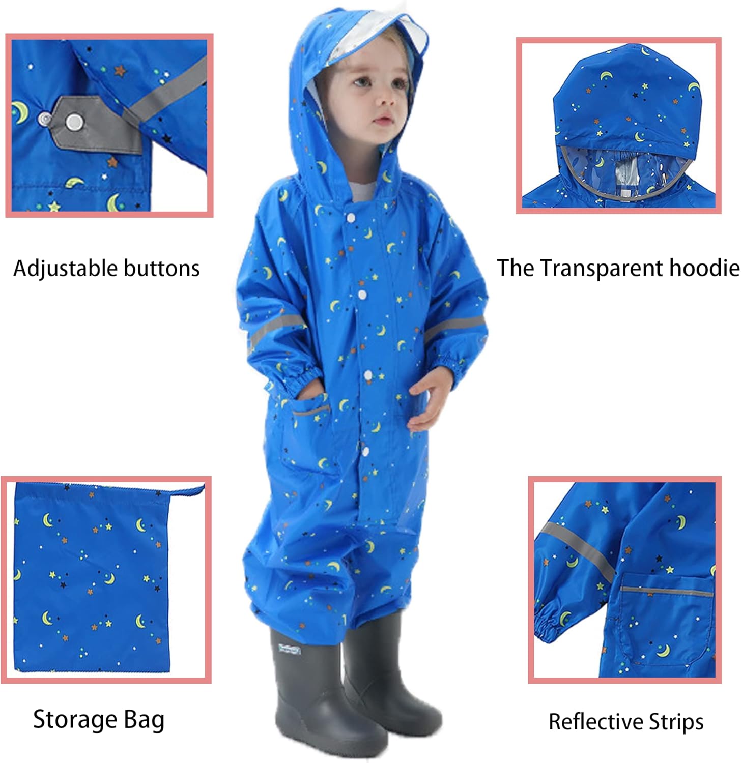 Fewlby Kids Toddler Rain Suit for boys girls One Piece Hoodie Zipper Waterproof Rain Jacket 1-10 years S-XXL Size - Image 4