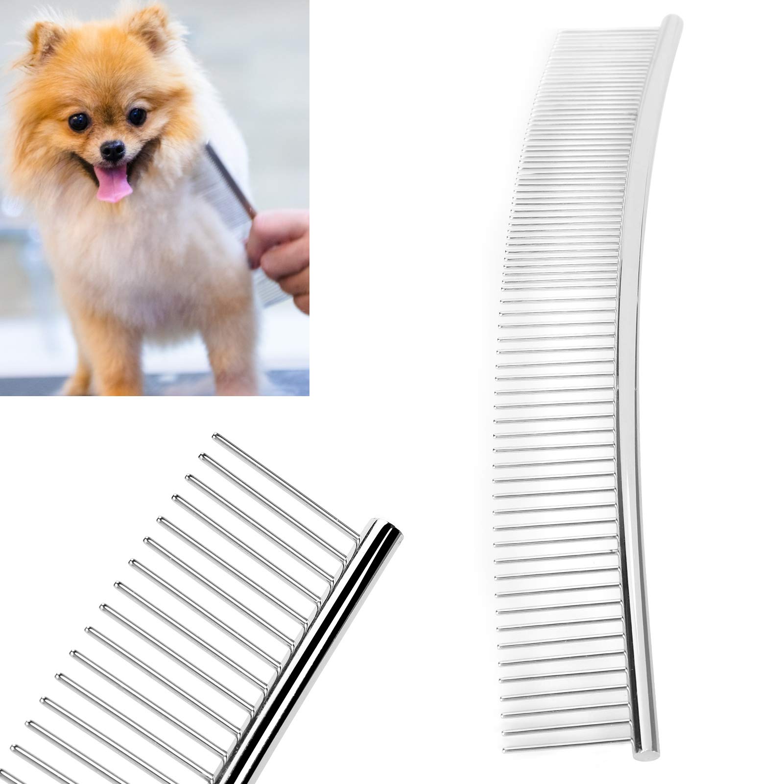 Peine curvado para perro, peine para mascotas, peine para el pelo de mascotas de acero inoxidable para perros, gatos, cachorros, aseo de mascotas (medio delgado y medio denso, peine curvado)
