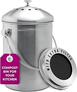 Epica 1.3 Gallon Stainless Steel Countertop Compost Bin - Odorless Indoor Kitchen Composter with Charcoal Filters