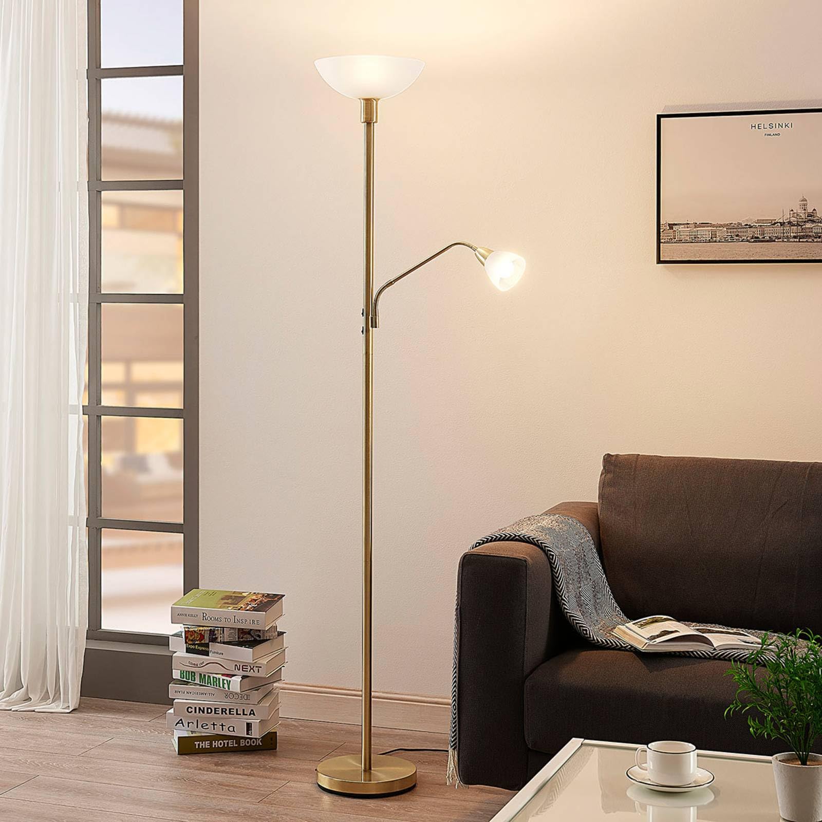 Lindby Stehlampe, Deckenfluter verstellbarer Lesearm Standleuchte 1x E27 max. 15W und E14 8W ohne Leuchtmittel Standlampe Wohnzimmerlampe