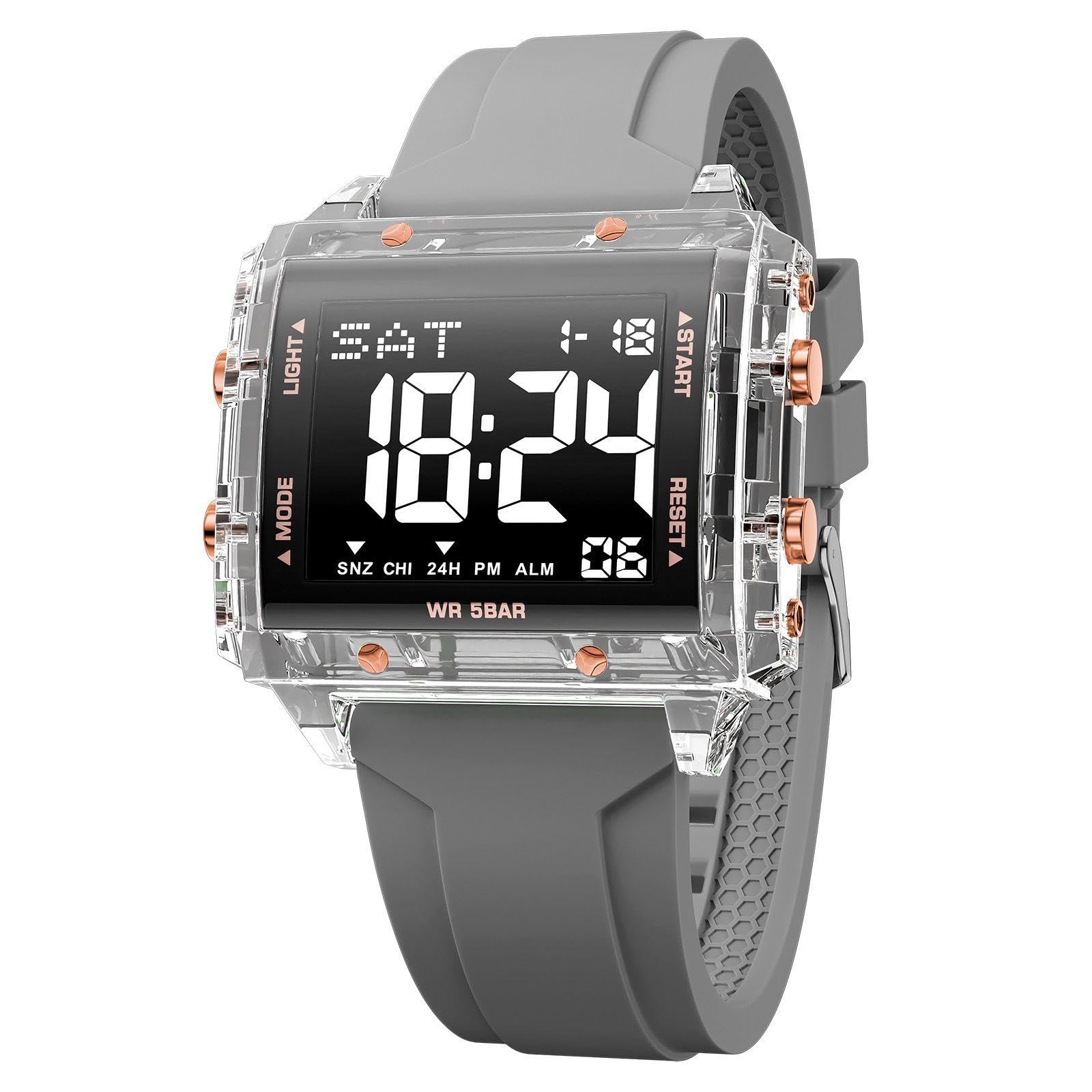 KXAITO Digital Sports Watch, Square Case 44mm, LED Night Light Display, 5ATM Waterproof, Silica Gel Band, Alarm Chronograph Stopwatch, Gift