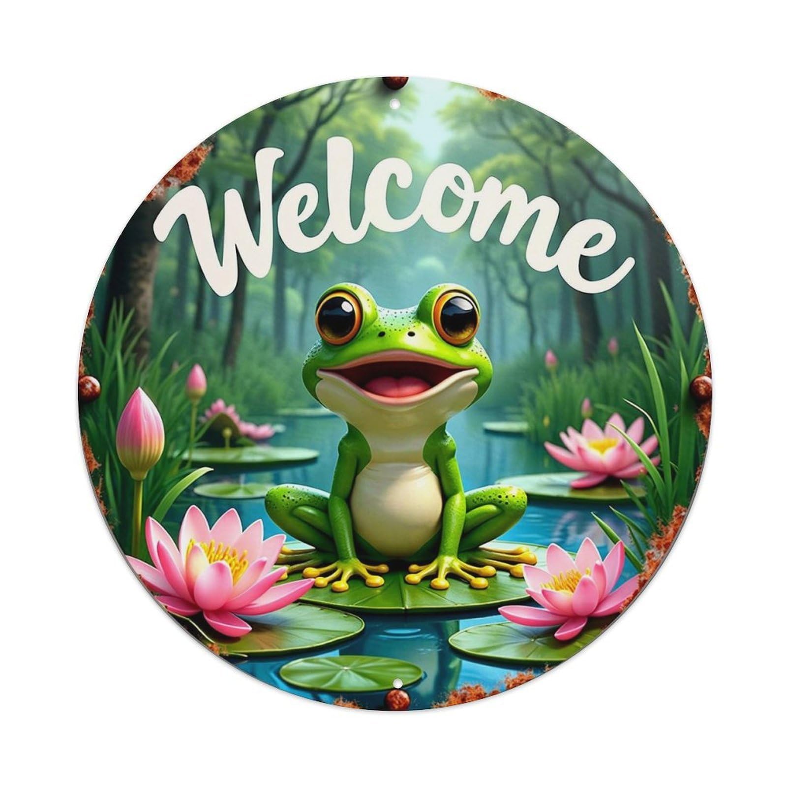 Frog Lily Pad Forest Welcome Round Tin Sign Vintage Metal Sign Home Bar Garden Indoor & Outdoor Wall Decor Retro Metal Poster 8x8 Inch