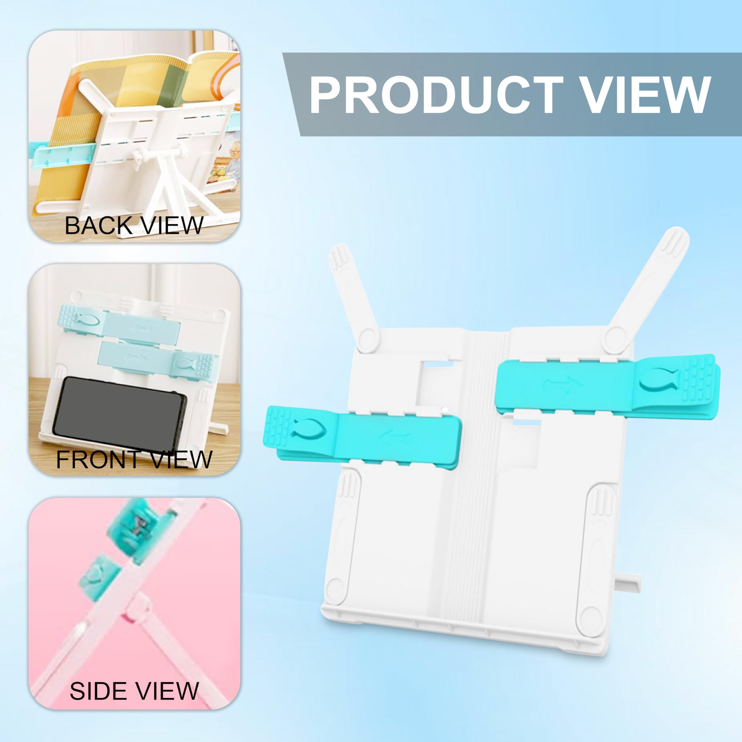 GLUN® Reading Stand White Colour, Pack of 1 Book Display Stand, Adjustable Width & Height with Both Side Page Clips, Foldable Book Stand