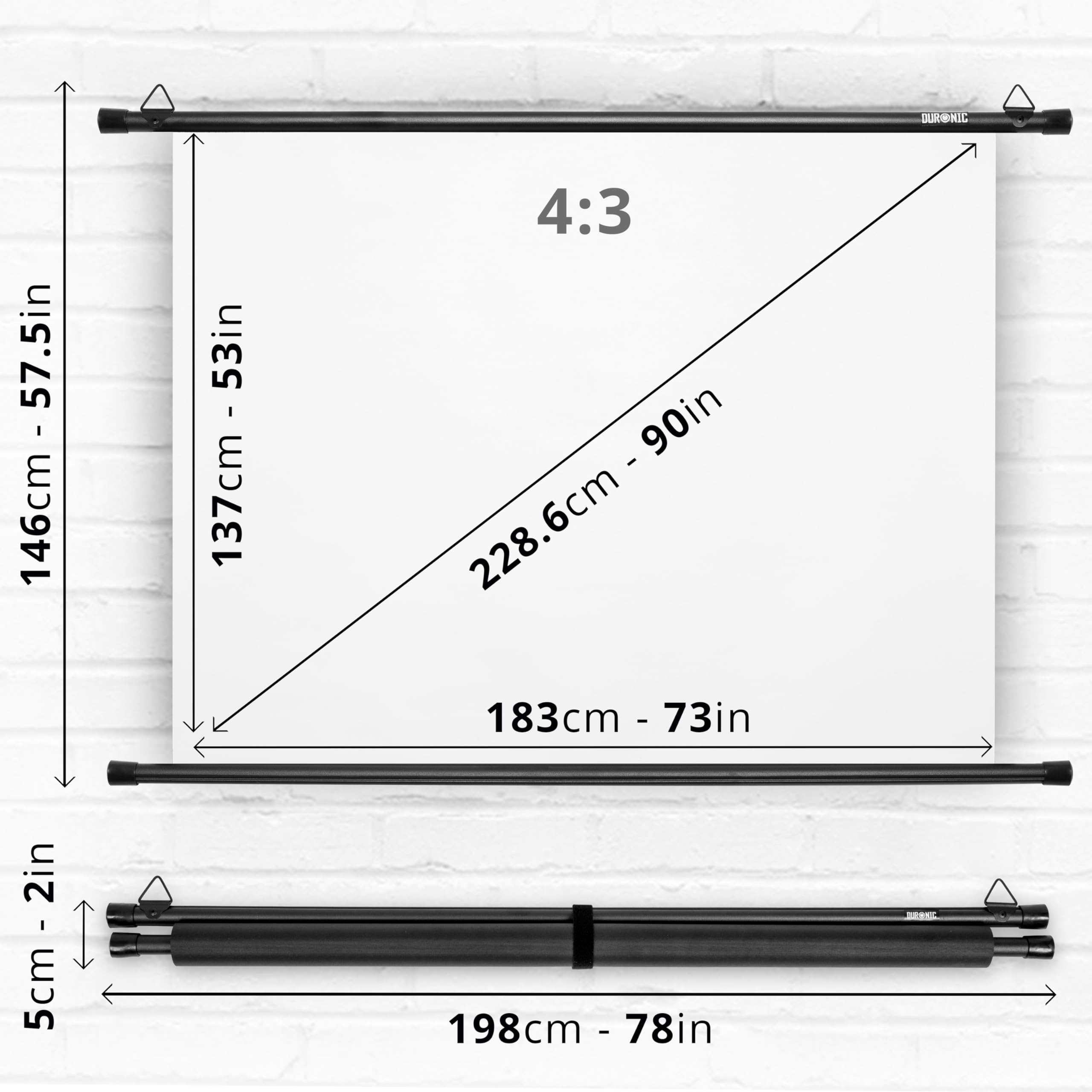 Duronic Ekran do projektora BPS90/43, 90 cali, ekran projekcyjny, rozmiar 183 x 137 cm, biały matowy Ultra HD, do montażu na ścianie, do kina domowego, szkoły, biura