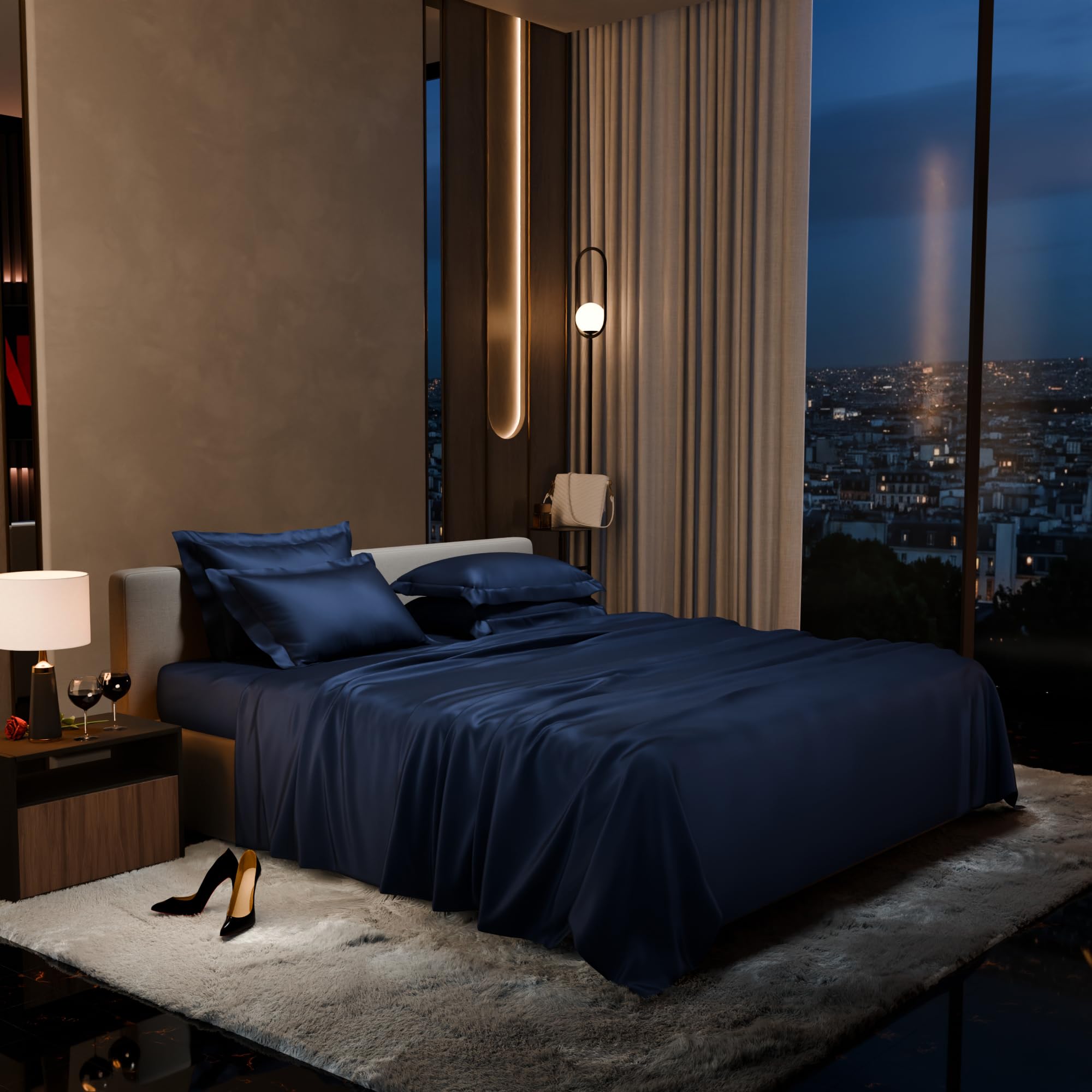 Stoa Paris 300 Tc Satin Bedsheet Super King Size Bed with Pillow Covers, Premium Ultra Satin Bedding Set, Gifts for Couples, Wedding, Bedroom Home Furnishing, Date Night Collection - Mystique Blue